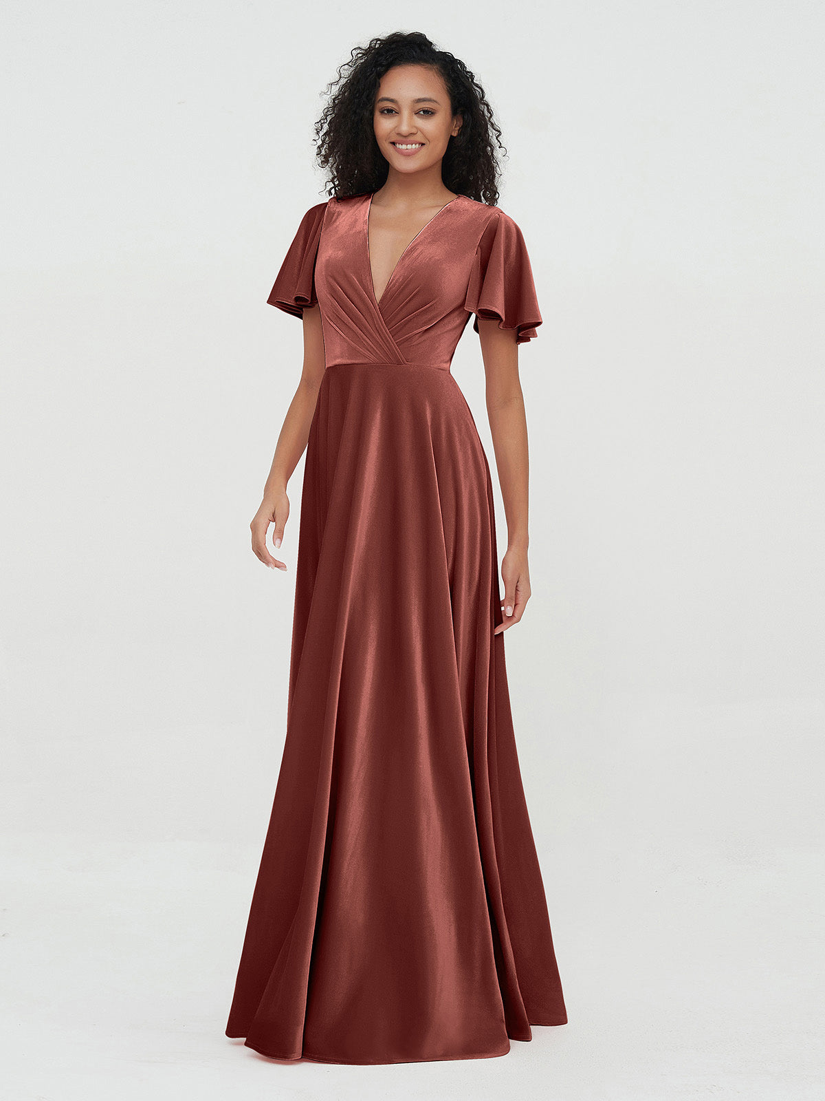 Open Back Max Velvet Dresses with Flutter Sleeves Terracotta